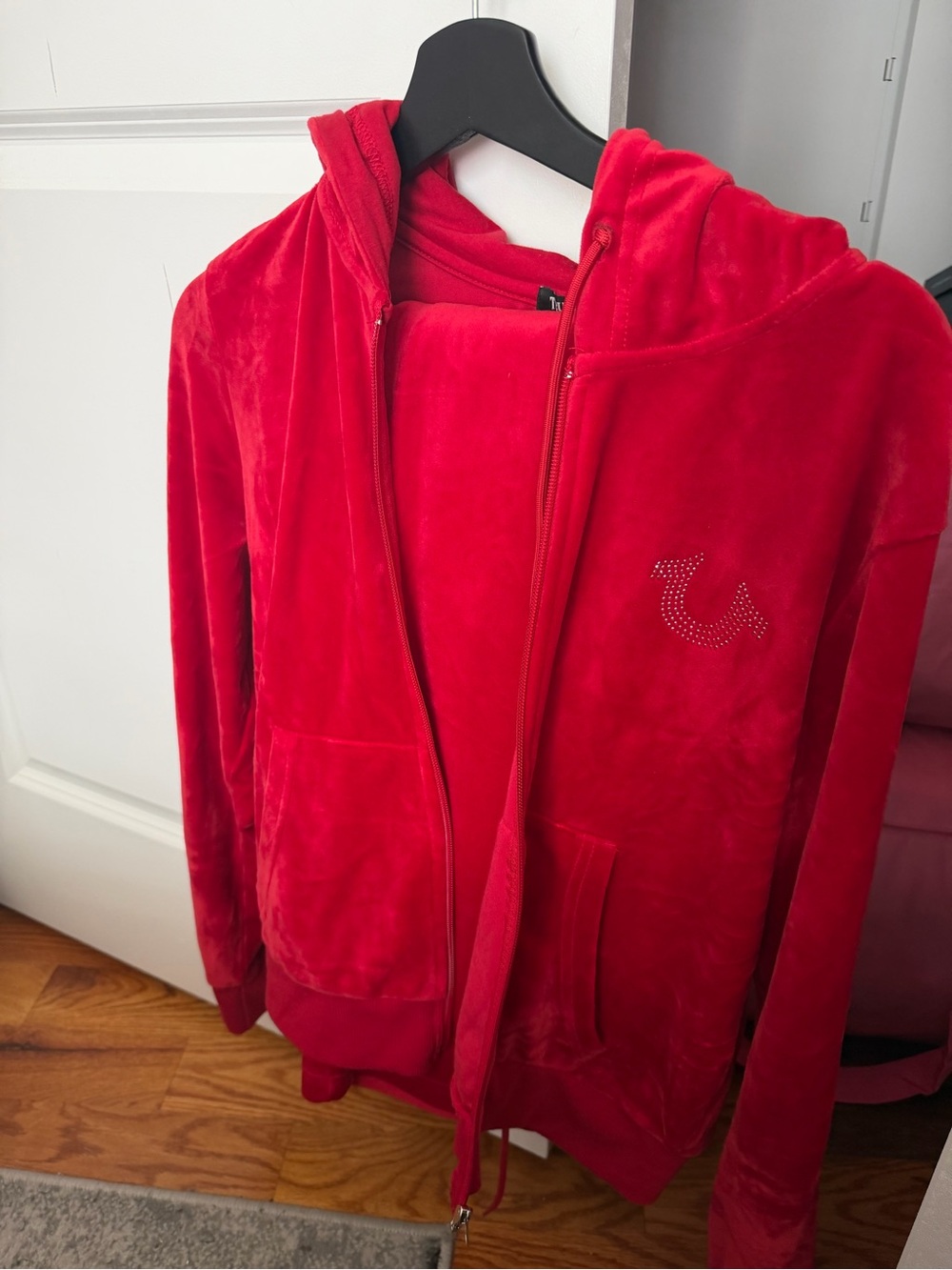 True Religion Women's Red Velour Zip Hoodie Jacket